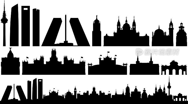 Madrid Skyline Silhouette (All Buildings Are Complete and Moveable)